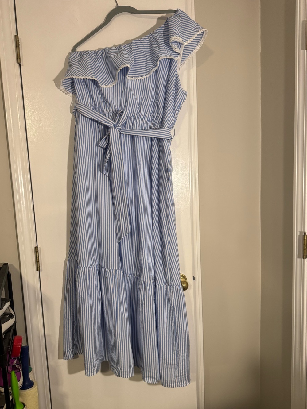 Skies Are Blue One-Shoulder Blue and White Striped Ruffle Maxi Dress cotton